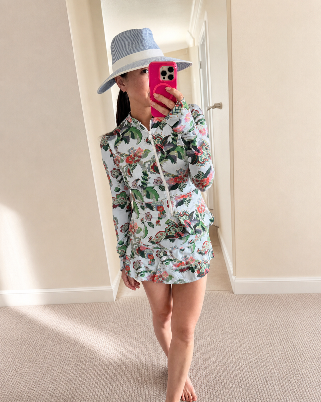 Hill House Riley pool skirt in light blue jungle floral