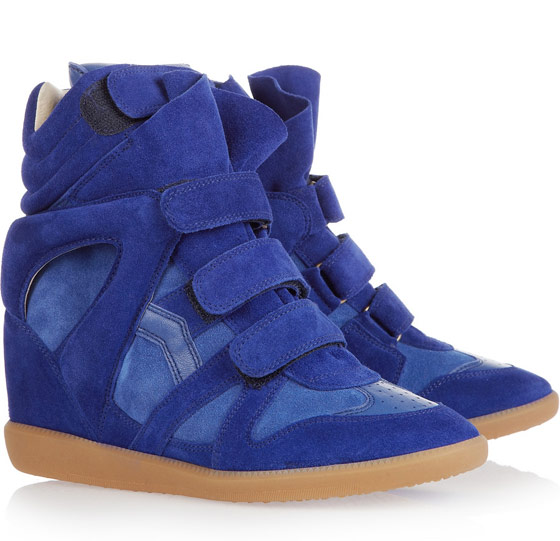 Royal-blue suede Isabel Marant high-top wedge sneakers with three straps and gum soles