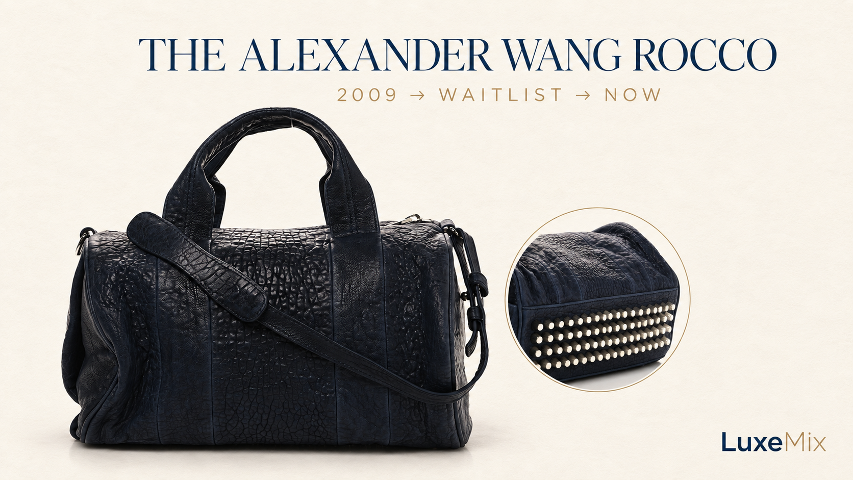 Black Alexander Wang Rocco bag with textured leather and an inset showing rows of silver base studs beside the words 2009 to waitlist to now.