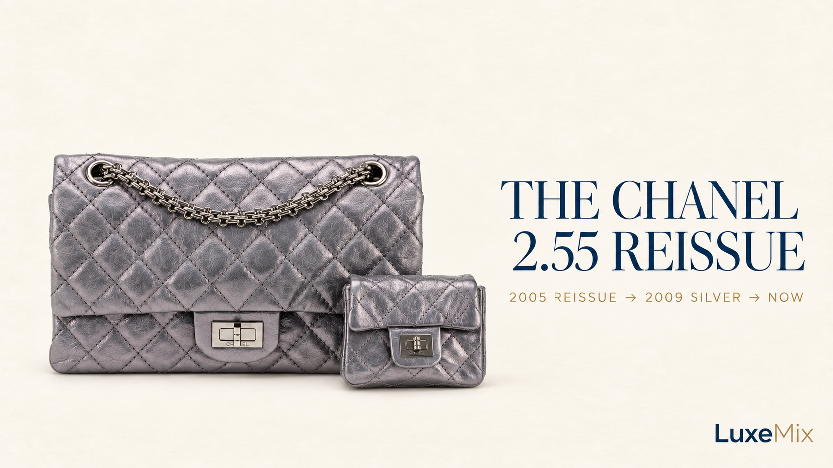 Metallic dark-silver Chanel 2.55 Reissue with diamond quilting, chain strap and matching mini bag beside the words 2005 reissue to 2009 silver to now.