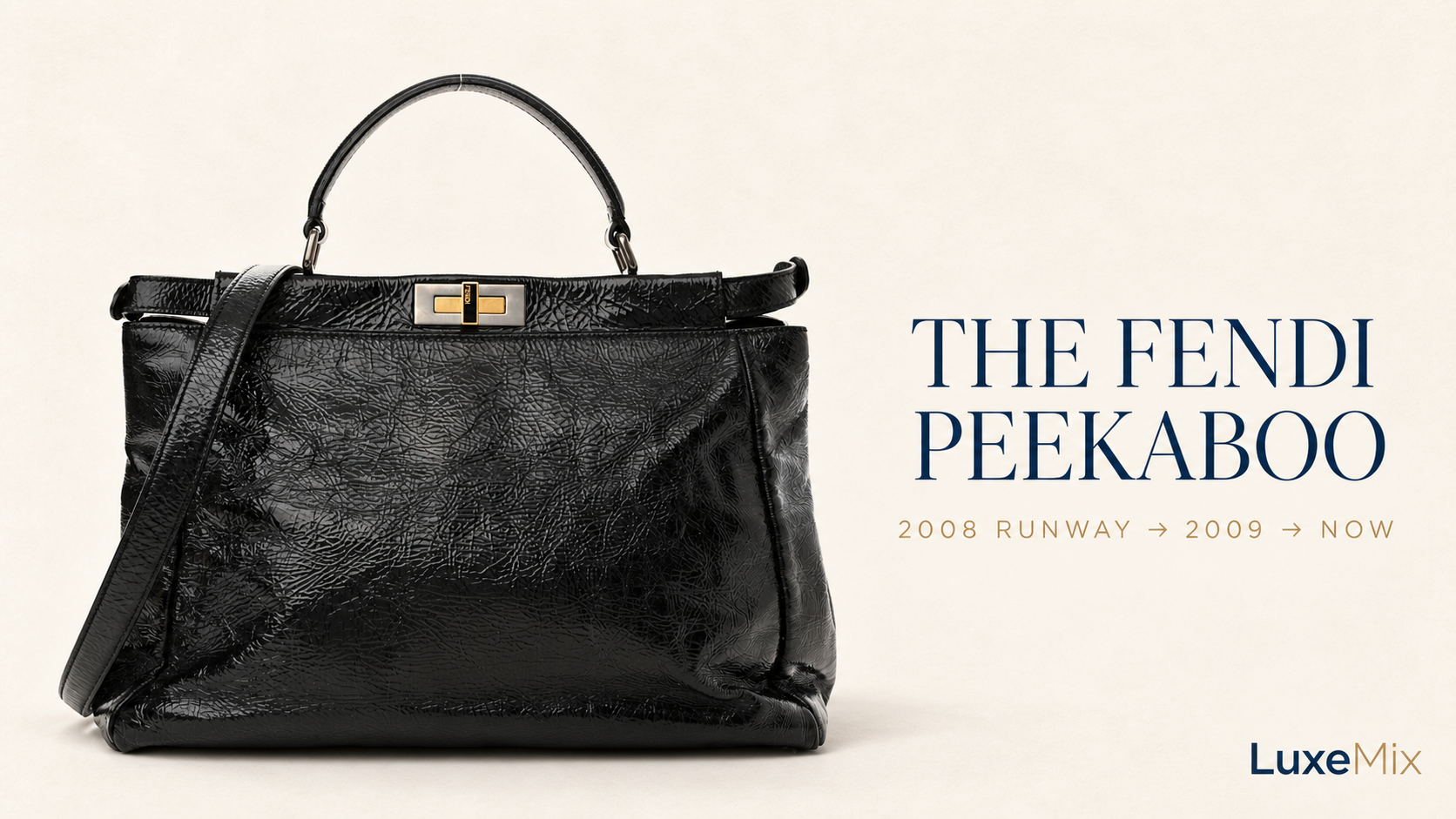 Black Fendi Peekaboo bag with glossy textured leather, top handle, turn-lock closure and shoulder strap beside the words 2008 runway to 2009 to now.