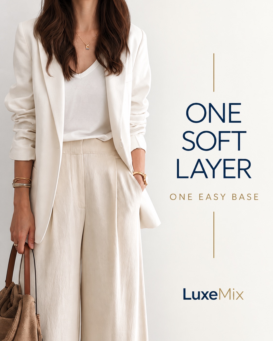 Neutral outfit idea with a soft-white blazer, V-neck tee, beige cap and black sunglasses.