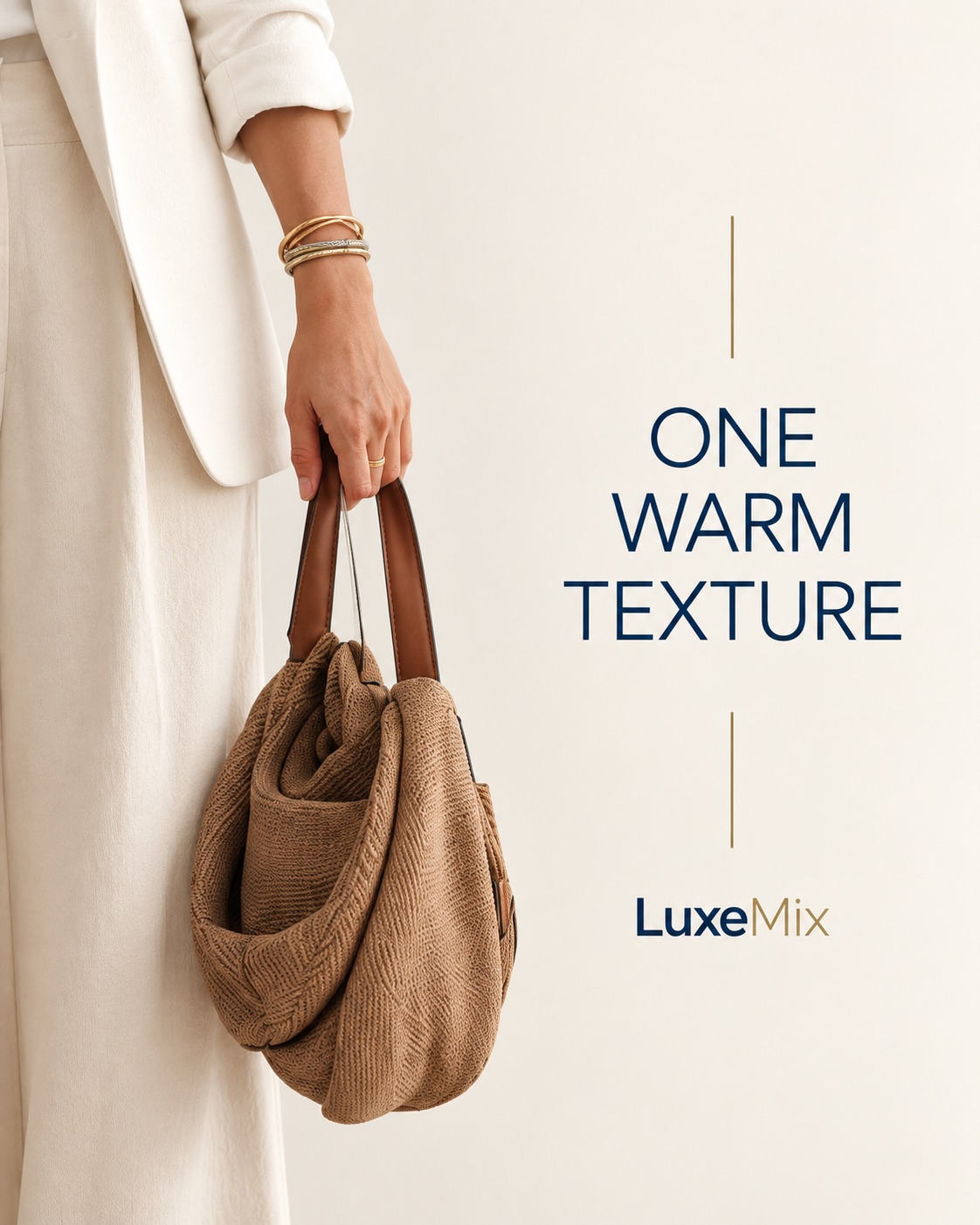 Tan woven bag and gold jewelry adding warm texture to a cream neutral outfit.