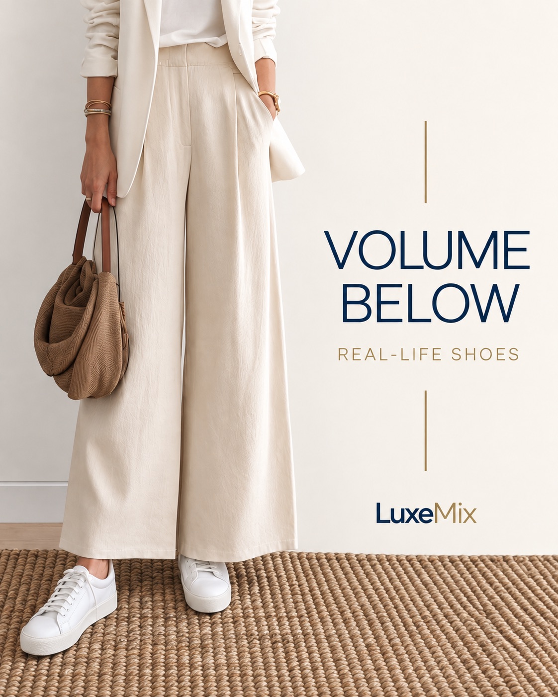 Cream wide-leg trousers styled with white sneakers for an easy neutral outfit.