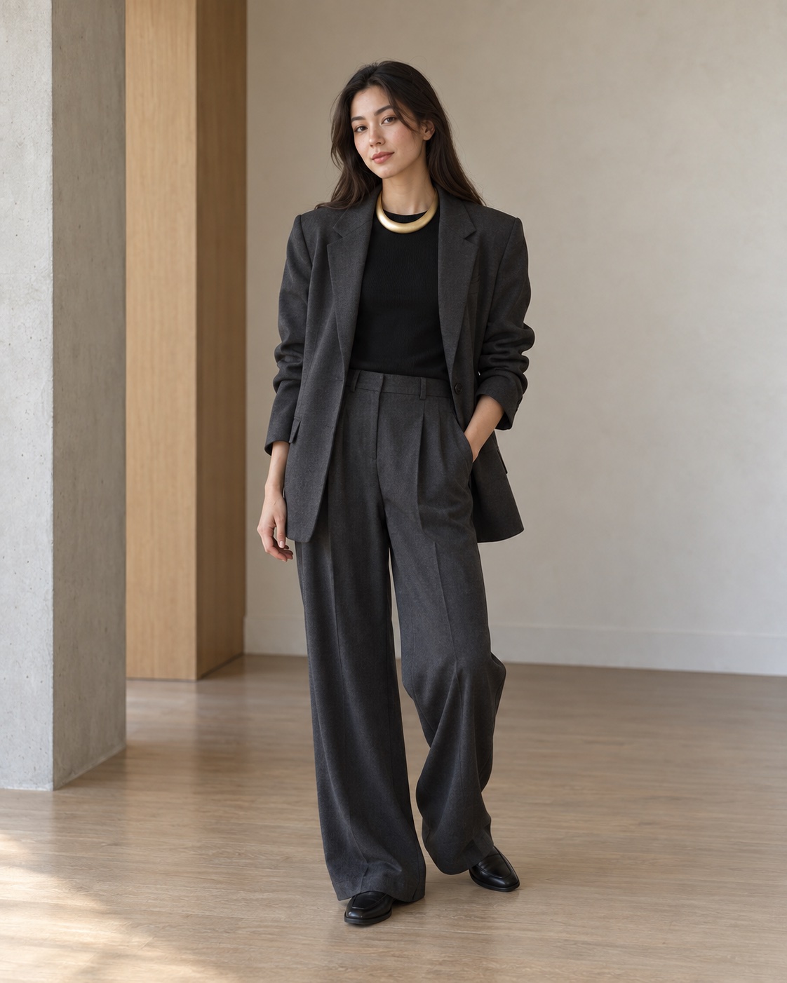 Young woman in 2026 wearing one sculptural brushed-gold collar with relaxed charcoal tailoring