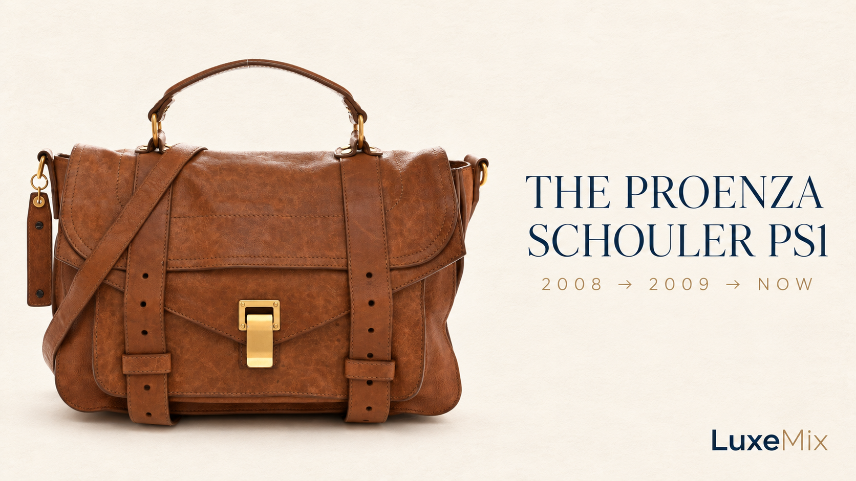 Brown Proenza Schouler PS1 satchel with front straps, gold clasp and shoulder strap beside the words 2008 to 2009 to now.