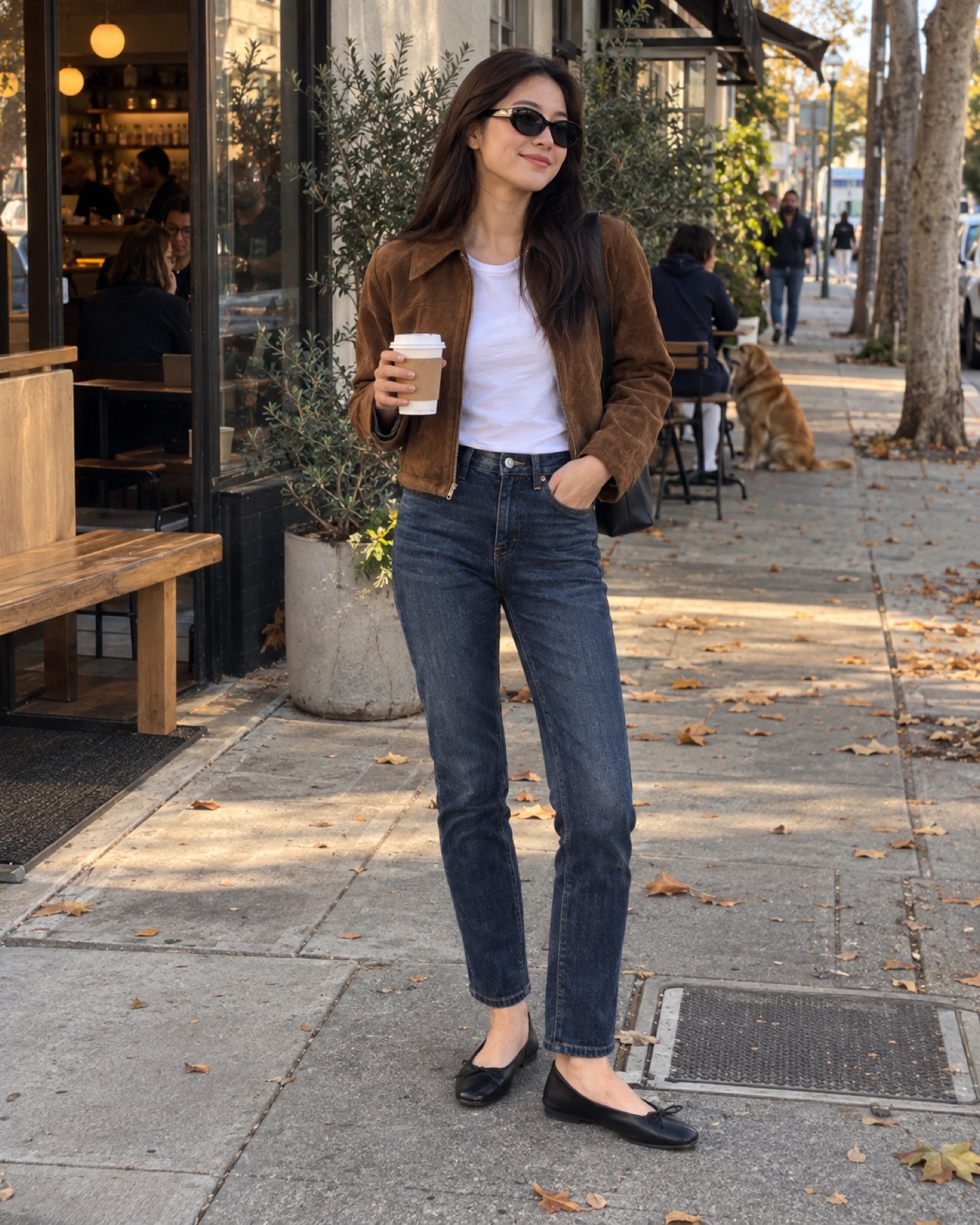 Young woman in 2026 wearing dark slim cigarette jeans with a suede jacket and black ballet flats