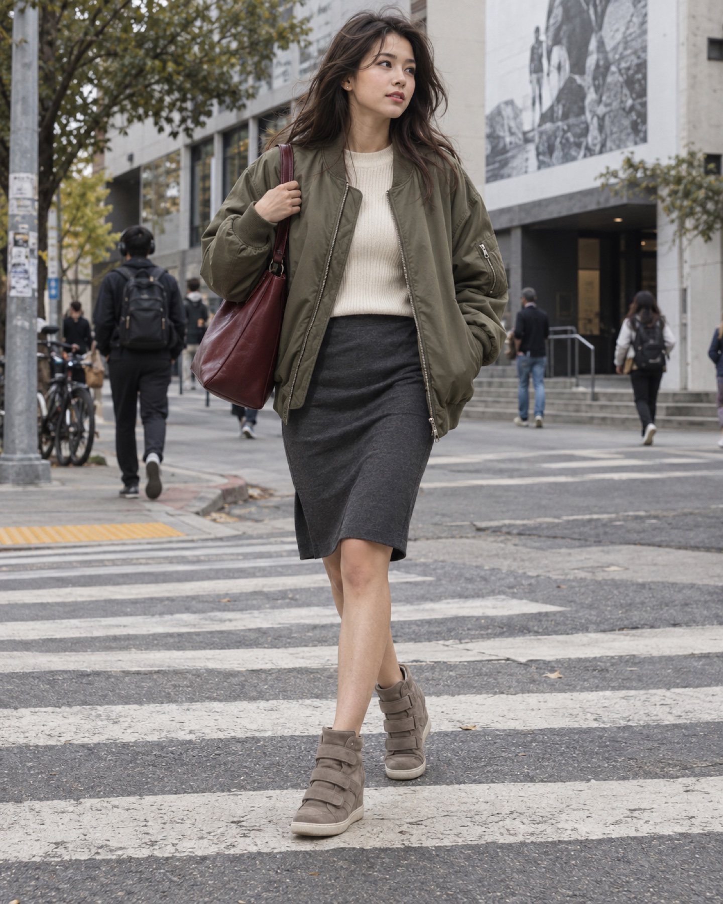 Young woman in 2026 wearing tonal taupe concealed-wedge sneakers with a charcoal skirt and olive bomber jacket